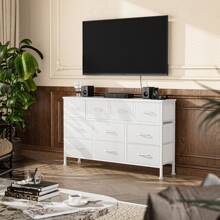 GIKPAL 10 Drawer Dresser For Bedroom, Dresser TV Stand With Power Outlets, Entertainment Center Chest Of Drawers For 55'' Long TV, Wide Fabric Dresser For Storage And Organization - PU trắng - Xem 8