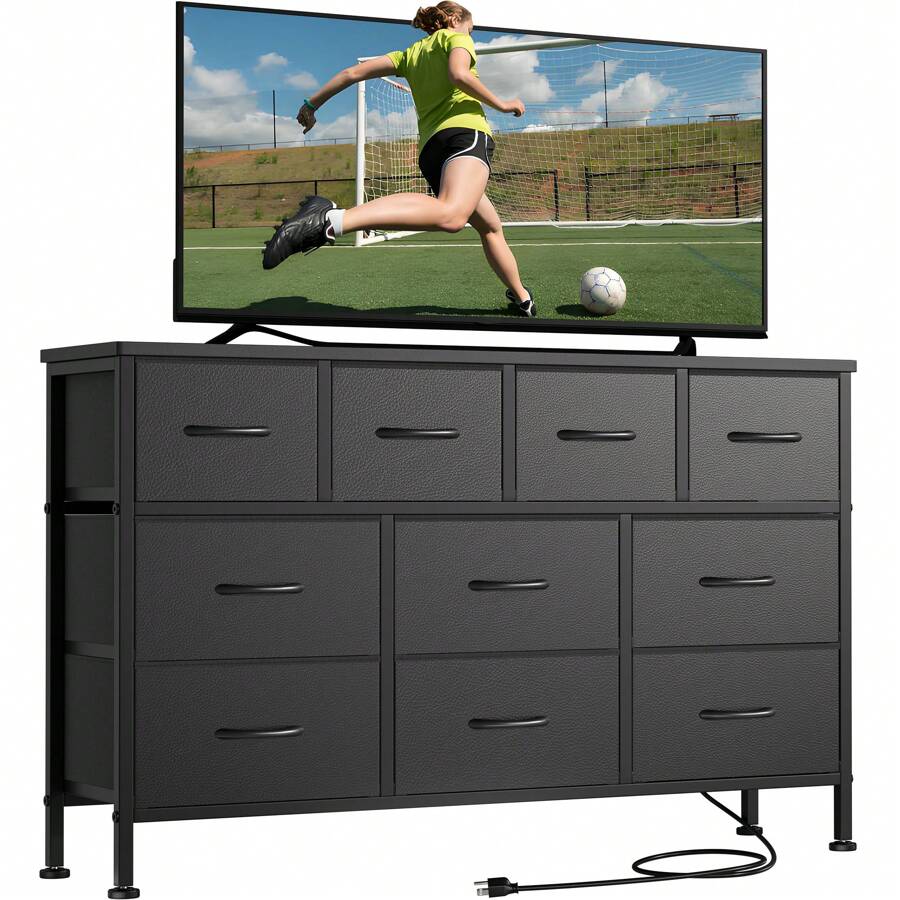 GIKPAL 10 Drawer Dresser For Bedroom, Dresser TV Stand With Power Outlets, Entertainment Center Chest Of Drawers For 55'' Long TV, Wide Fabric Dresser For Storage And Organization - PU đen - Xem 1
