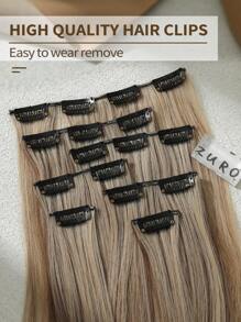 22" Black Brown With Golden Highlights Straight Hair Extension Clip-In, Suitable For Women, Golden Fluffy Red Brown Wavy Synthetic Hair Extension Clip-In Silver Dark Brown Hair Extension Clip-In - Brown Ombre - View 5