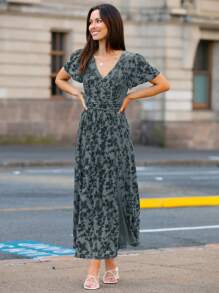 Women's Velvet Maxi Dress V Neck Short Sleeve Empire Waist Semi Formal Long Cocktail Dresses - 灰藍色 - 查看 6