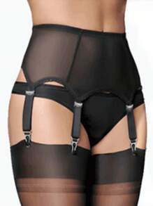 Women High Waist Garter Belt, Sexy Lingerie Suspender Elastic Belt Lace Mesh Suspender Belt With Metal Clip For Stockings - 黑色 - 查看 1