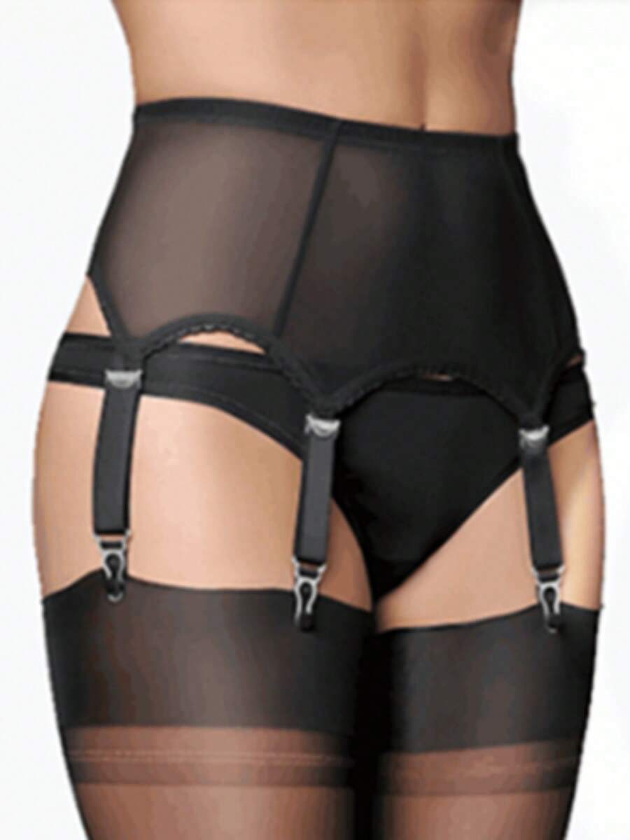 Women High Waist Garter Belt, Sexy Lingerie Suspender Elastic Belt Lace Mesh Suspender Belt With Metal Clip For Stockings - 黑色 - 查看 1