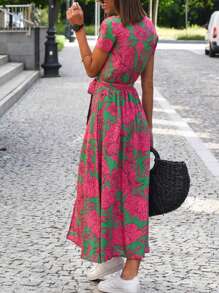 Vestido informal para mujer con estampado floral, manga corta y nudo en la cintura
