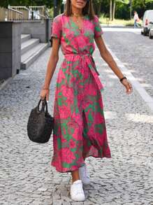 Vestido informal para mujer con estampado floral, manga corta y nudo en la cintura