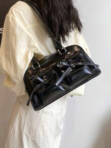 1 件女士休闲手提包，大容量 PU 办公手提包，带多个口袋，时尚简约单肩包 - 黑色 - 查看 11