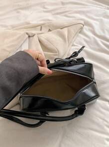 1 件女士休闲手提包，大容量 PU 办公手提包，带多个口袋，时尚简约单肩包 - 黑色 - 查看 4