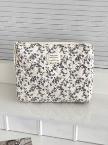 1 Pieza/Set Bolso de maquillaje estilo coreano con estampado floral diminuto negro y cordones decorativos Bolsa de almacenamiento grande y portátil multifuncional para cosméticos, cuidado de la piel, crema solar, esmalte de uñas, joyas, audífonos, artículos pequeños. Regalo ideal para damas de honor, cumpleaños, San Valentín, hermana, amante y amiga