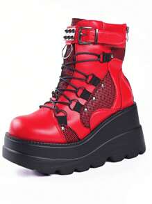 Gothic Women's Boots Punk Rivet Lace Wedge Heel Shoes Motorcycle Fight Style Comfortable Short Boots Christmas Shoes - Đỏ - Xem 4