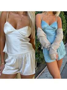 Women 2 Piece Santin Silk Pajams Sets Lace Trim Sweetheart Neck Cami Tops Elastic Waist Mini Shorts Summer Sleepwear Loungwear - Blue - View 7