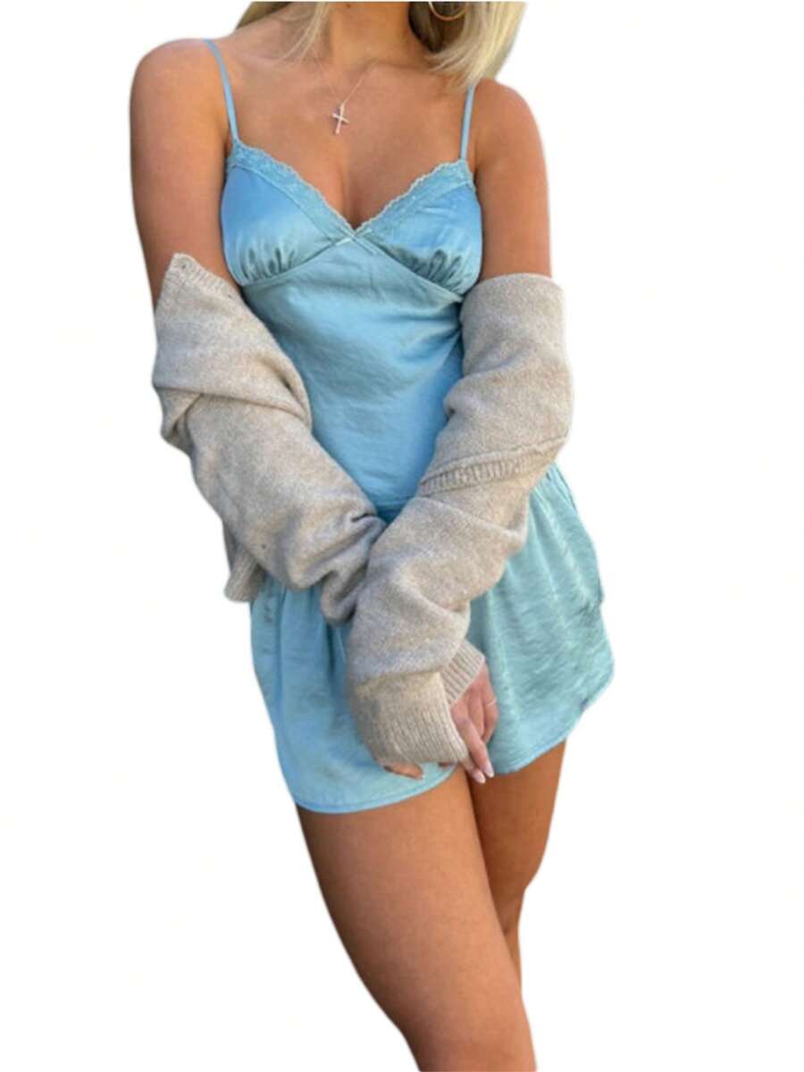 Women 2 Piece Santin Silk Pajams Sets Lace Trim Sweetheart Neck Cami Tops Elastic Waist Mini Shorts Summer Sleepwear Loungwear - Blue - View 1