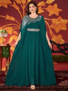 Plus Size Women's Solid Color Sequin Decor Belt Attached Abaya Maxi Dress, Elegant Summer - Dark Green - View 2