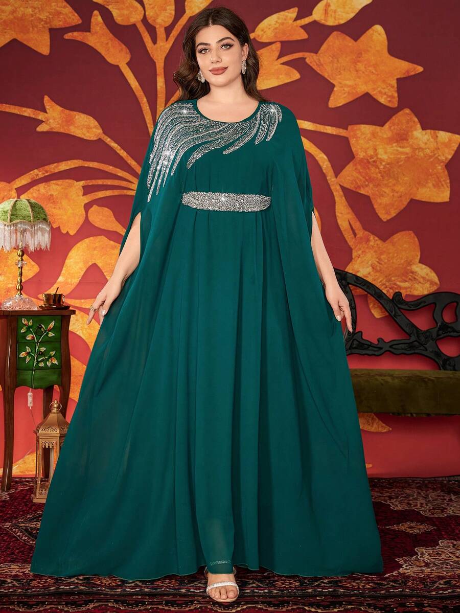Plus Size Women's Solid Color Sequin Decor Belt Attached Abaya Maxi Dress, Elegant Summer