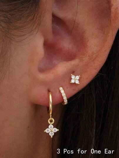 3pcs Earring Set, Delicate & Petite Earring Set, Multiple Piercing, Cute Zirconia Flower Stud Earrings, 14K Gold, Lightweight & Hypoallergenic, Cartilage Earrings, Gift For Her