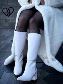 botas blancas largas  basicas de mujer hasta la rodilla estilo elegante, fiesta, casual, invierno y otoño tacon bajo cudrado - Blanco - Ver 2