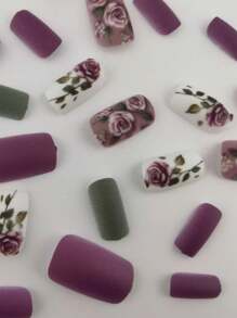 24片花卉图案短方形美甲贴纸，浪漫时尚，适合女性日常、派对、节日佩戴，包含果冻胶和指甲锉，按压式美甲贴纸，美甲用品