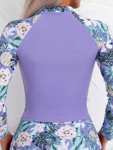 Tropical Print Casual Fashionable Long Sleeve Tankini Swimwear Set - Purple - View 5