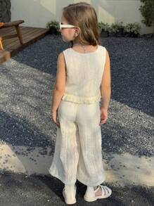 2pcs Young Girl Minimalist Elegant Style Solid Color Fringe Lace Camisole Top & Lace Pants Set, Summer - Beige - View 2