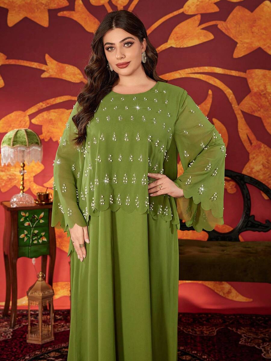 Plus Size Women Rhinestone Embellished Round Neck Solid Color Elegant Maxi Modest Dress (Pearls Randomly Placed, Position May Vary)