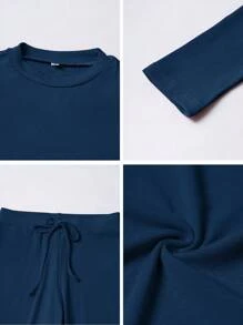 GAOVOT 女士两件套春夏 Y2K 运动休闲家居纯色修身长袖T恤和抽绳长裤套装 - 寶藍色 - 查看 10