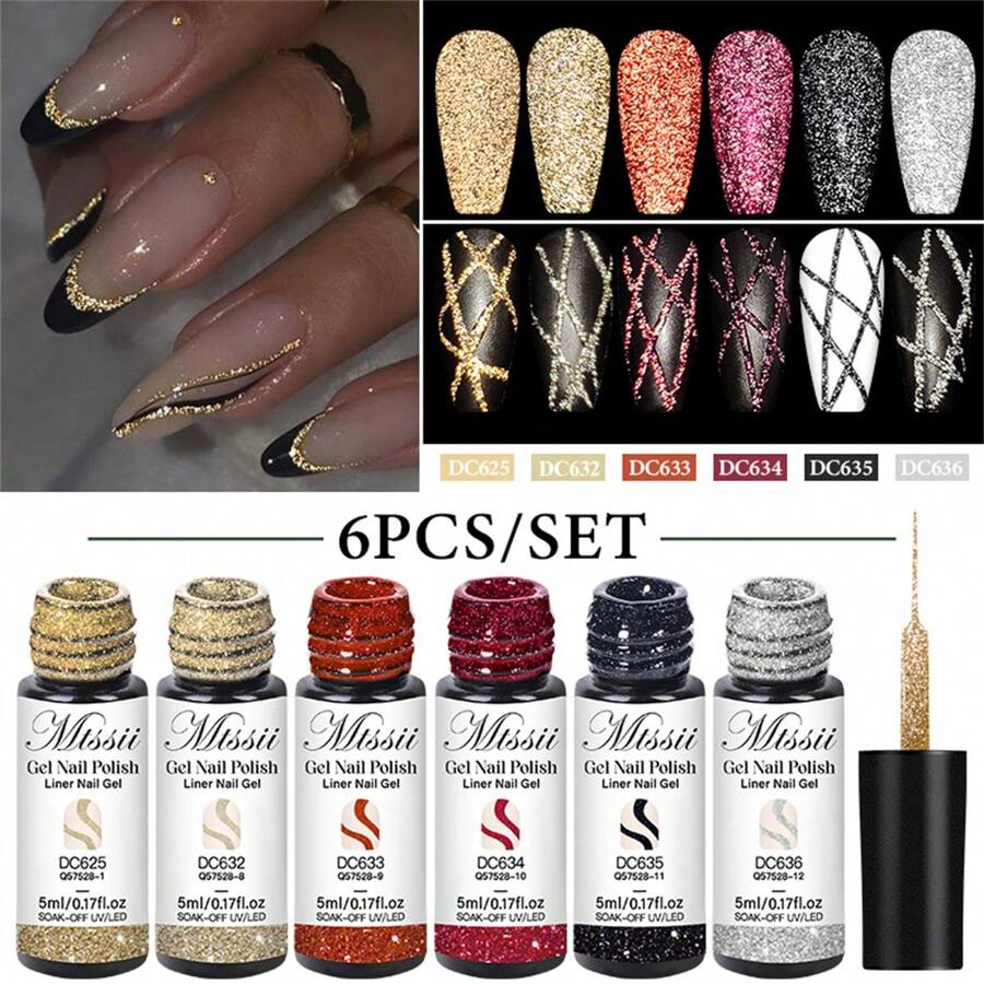 Mtssii 6pcs Gold Silver Reflective Glitter Liner Gel Nail Polish Set Pink Champagne Gold Silver Black Red Bright Sparkling Semi Permanent Nail Painting UV Gel Superflash Pull Line Graffiti Stripe DIY French Nail Design Soak Off Nail Vanish Nail Supplies - 彩色 - 查看 1