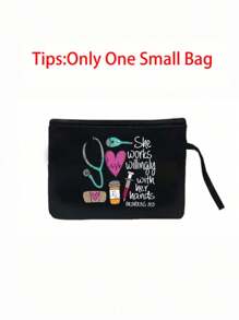 一套护士主题帆布手提袋和化妆包，休闲风格，布料材质，固定肩带，印有听诊器、心形、注射器、体温计图案，“她的双手勤劳” - 黑色 - 查看 11