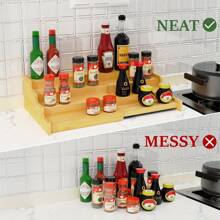 Spice Rack Kitchen Cabinet Organizer- 3 Tier Bamboo Expandable Display Shelf, Bamboo 3-Layer Adjustable Spice Rack