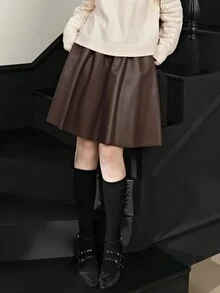 韩版高腰修身棕色皮裙，时尚优雅迷你裙，春秋 - 咖色 - 查看 3