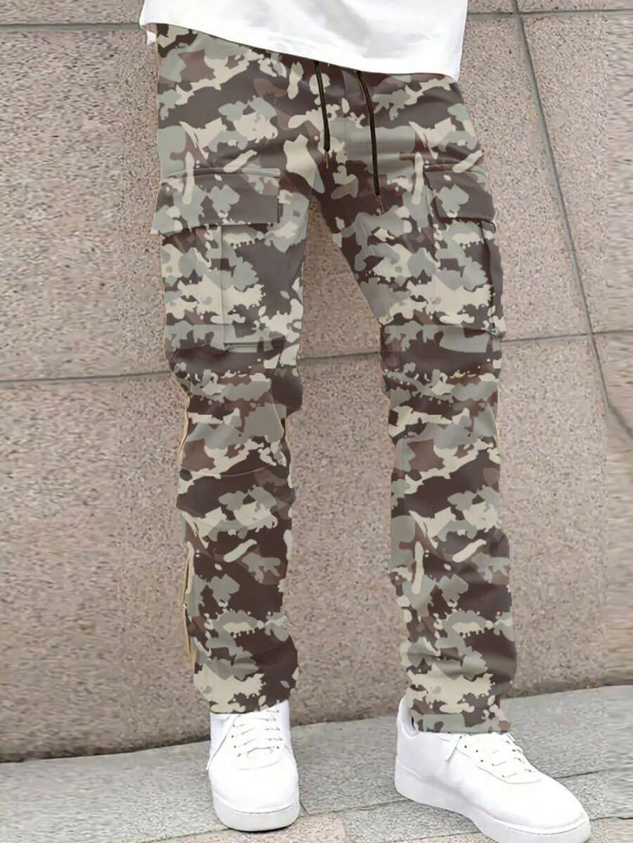 Men's Solid Color Front Lace-Up Pocket Casual Straight Leg Cargo Pants - Grey - View 1