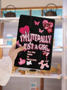 1pc Pink & Black Heart, Butterfly, Wine Goblet Pattern Tablet Protective Case, Anti-Drop, With Pen Slot, Support Sleep/Wake, Compatible With Samsung, And IPad