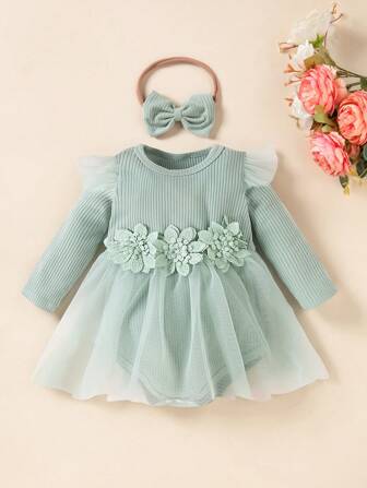 女婴长袖针织花卉贴花撞色网纱荷叶边连体衣，春秋季