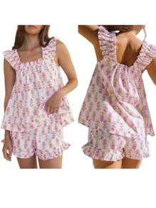 Women Floral Print Summer Set Square Neck Flutter Sleeve Loose Tank Tops Ruffled Shorts 2-Piece Outfits - Pink - View 7