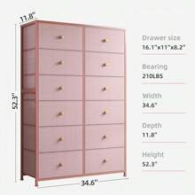 Pink Dresser For Bedroom 12 Drawer Dresser With Wooden Top & Metal Frame Tall Dressers For Bedroom Dressers & Chest Of Drawers For Bedroom,Closet,35" L X 12" W X 52" H Pink - Pink - View 3