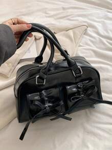 1 件女士休闲手提包，大容量 PU 办公手提包，带多个口袋，时尚简约单肩包 - 黑色 - 查看 8