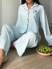 Sanrio 2pcs Hello Kitty Women's Plaid Print Button Front Long Sleeve Pajama Top + Drawstring Waist Long Pants Cute Sleepwear Set, Cozy Outfit, Fall Clothes