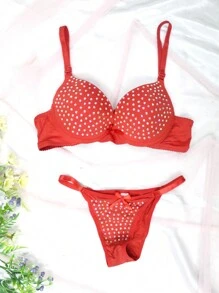 Coordinado de brasier y bikini, copa B, con un lindo diseño de pedrería, con un moño en el centro, alta comodidad - Naranja - Ver 3
