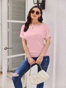 HIGHFINE Women's Classic Short-Sleeved Boat-Necked Side-Pleated Dolman Shawl Top