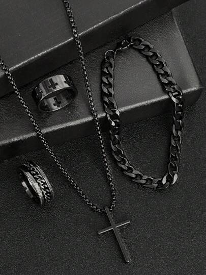 4pcs Hip-Hop Fashion Men'S Jewelry Set, Black Cross Necklace, Bracelet And Ring, The Best Jewelry For Gift Giving Christmas New Year Valentine's Day Holiday Gift