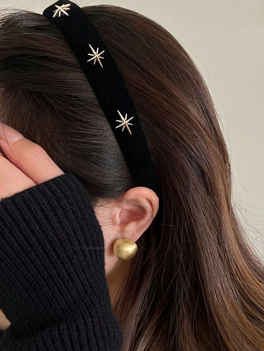 1pc 2cm Wide Women Solid Color Autumn/Winter Velvet Pentagram Wide Headband, Elegant Sweet Fashion Campus Matching, Suitable For Party/Dance/Daily Wear,Hairband,Hair Hoop Headbands, Black Hair Accessories Head Accessories - Black - View 1