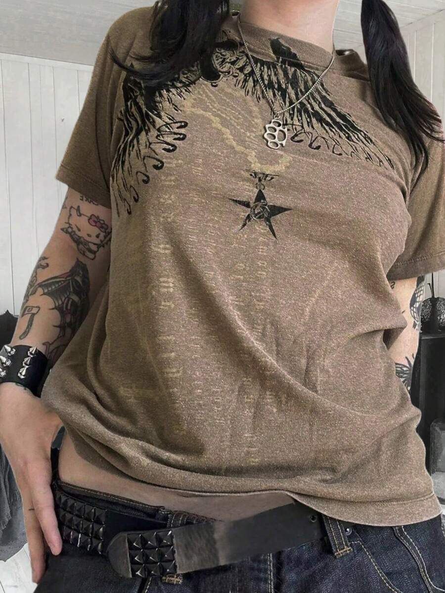 Women Y2K Fairy Grunge Shirt Top Short Sleeve Star Graphic Print T-Shirts Vintage Aesthetic Crop Tee Tops Streetwear - 咖啡棕 - 查看 1
