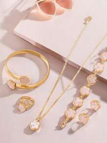 1 Set Classic Four-Leaf Clover Style Necklace, Earrings And Bracelet Jewelry Set, A Gift For Friends - Pink - View 2