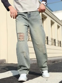 Jeans droits de printemps déchirés pour adolescents garçons, nouveaux pantalons longs décontractés délavés avec effet usé pour enfants