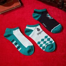 Miniso 3雙哈利波特踝襪，男女襪隱形短款船襪，適合Sprial和Summer襪子，休閒百搭，時尚卡通設計，完美新年禮物 - 綠色 - 查看 1