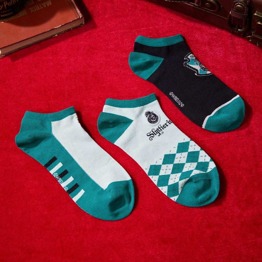Miniso 3雙哈利波特踝襪,男女襪隱形短款船襪,適合Sprial和Summer襪子,休閒百搭,時尚卡通設計,完美新年禮物 - 綠色 - 查看 1