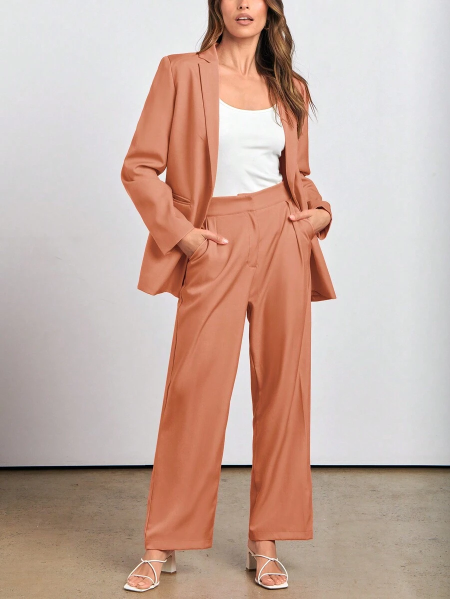 Women's Spring Two-Piece Work Suit Casual Loose Long Suit Jacket And Formal Wide Leg Pant Suit With Pockets - Orange - View 1