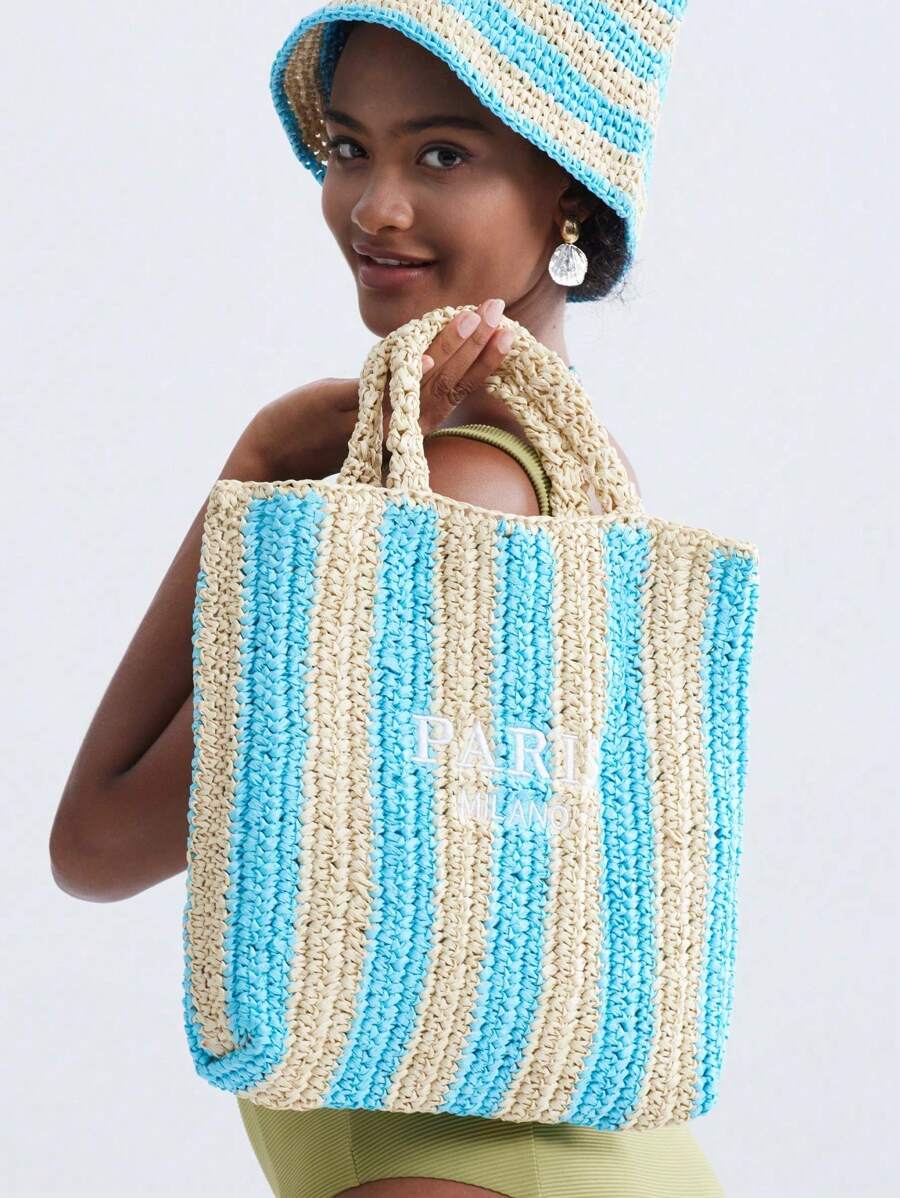 Borsa di paglia intrecciata a mano a righe, per la primavera e l'estate, con ricamo a lettere, borsa a tracolla da spiaggia per vacanze, dai colori contrastanti, piccola borsa intrecciata in carta (pendente non incluso)