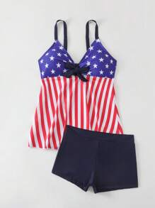 2pcs/Set Fashionable American USA Flag Printed Swimwear Vacation & Summer Beach Wear Takini Set For Women, 4th Of July