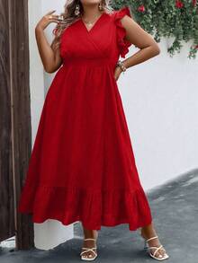 Plus Size Summer Holiday V-Neck Ruffled Sleeveless Dress, Beach Wear - Red - View 8