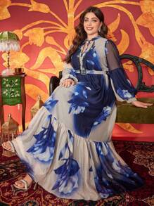 Plus Size Tie Neck Beaded Accent Front Petal Sleeve Tie Dye Elegant Long Dress (Random Cut)