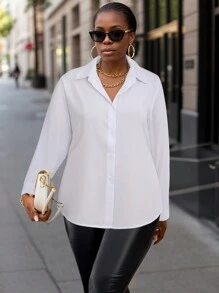 大码纽扣式白色长袖衬衫女式休闲 - 查看 4