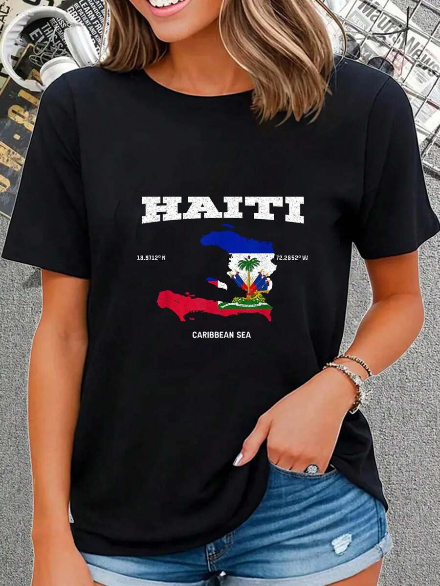 Haitian Flag And Map, Haiti Coordinates Tee T-Shirt Short Sleeve T-Shirt Women's Men's Graphic Tee Causal Tops - 黑色 - 查看 1
